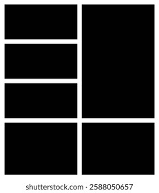 6 Empty photo collage for magazine, book page and presentation. Rectangle and geometric picture pattern and texture collage background. Web design layout template.