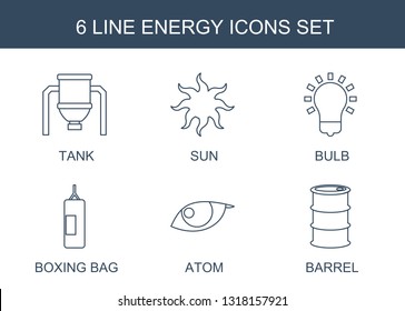 6 energy icons. Trendy energy icons white background. Included line icons such as tank, sun, bulb, boxing bag, atom, barrel. energy icon for web and mobile.