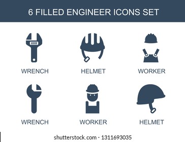 6 engineer icons. Trendy engineer icons white background. Included filled icons such as wrench, helmet, worker. engineer icon for web and mobile.