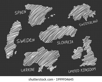 6 of europe map white line  freehand sketch on black background.