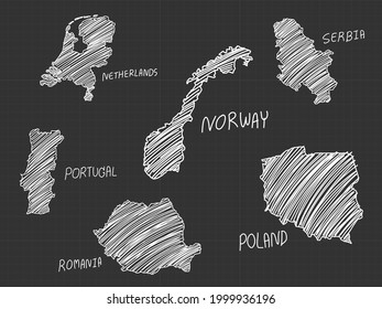 6 of europe map white line  freehand sketch on black background.
