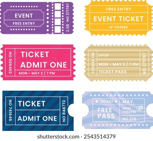 6 Event tickets party tickets-flat-design-pack in various vibrant colors