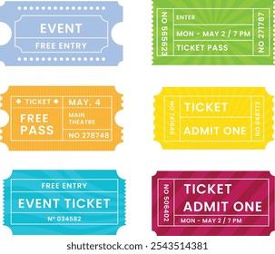 6 Event tickets-flat-design-pack in various vibrant colors 