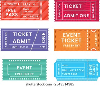 6 Event tickets-flat-design-pack in various vibrant colors