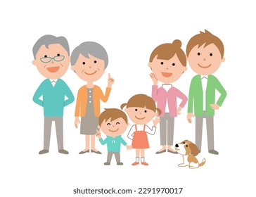 6 family members of 3 generations and a pet dog are dogs. Good mood everyone.