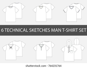 6 Fashion technical sketches of man T-Shirt in vector graphic