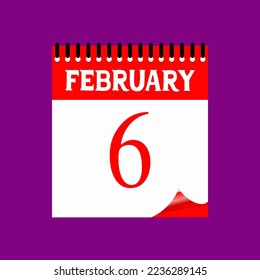 6 February 2023. Icon calendar day. Days of the year. Vector illustration sign label. Event schedule date. Meeting appointment time. Agenda plan. Purple background.