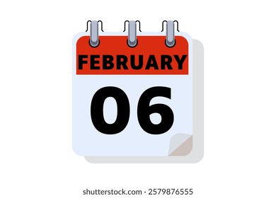 6 February calendar icon text page monthly web design on red, black and white background vector, icon, or illustration with the month of February 6