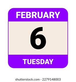 6 de febrero, martes. Plantilla de fecha. Diseño útil para la promoción de calendarios o eventos. Ilustración vectorial Archivo EPS 10. Aislado sobre fondo blanco. 