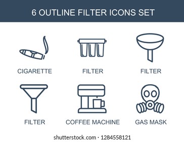 6 filter icons. Trendy filter icons white background. Included outline icons such as cigarette, coffee machine, gas mask. filter icon for web and mobile.