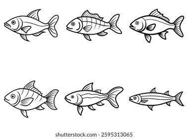 6 fish's bundle line art on white background, fish line art . bundle vector.