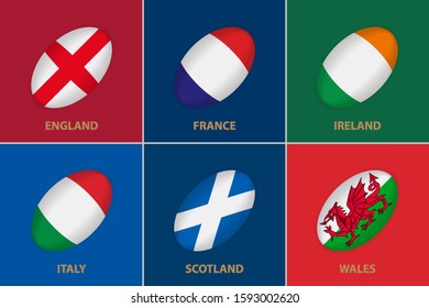 6 flags in the style of a Rugby ball. Flag of Rugby Championship participants on color background. 