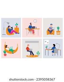 6 Flat Art Working Vector Of Work From Home Workers