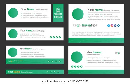 6 flat green email signature templates, corporate email footer vector  illustration