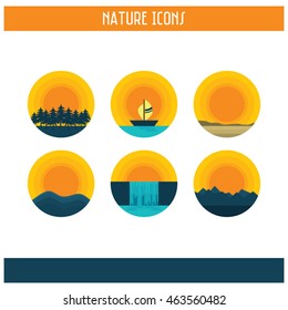 6 Flat Nature Icons Set - forest, ocean, desert, hills, waterfall and mountains. Vector, editable