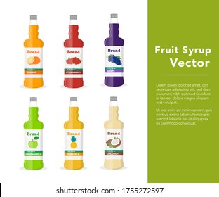 6 flavors of fruit syrup in bottles.