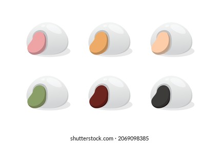 6 flavors of glutinous rice balls, sesame, peanuts, matcha, red beans, glutinous rice desserts, Chinese and Taiwanese festivals: Lantern Festival or Winter Solstice, cartoon vector illustration