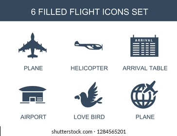 6 flight icons. Trendy flight icons white background. Included filled icons such as plane, helicopter, arrival table, airport, love bird. flight icon for web and mobile.
