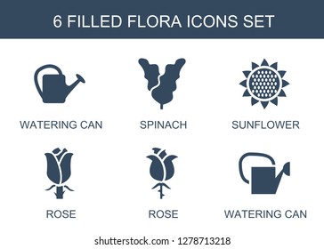 6 flora icons. Trendy flora icons white background. Included filled icons such as watering can, spinach, sunflower, rose. flora icon for web and mobile.