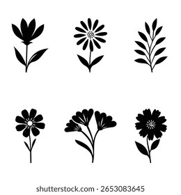 6 Flower Silhouette Vector Set in black and white on white background