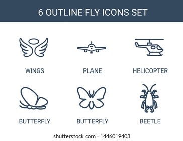 6 fly icons. Trendy fly icons white background. Included outline icons such as wings, plane, helicopter, butterfly, beetle. fly icon for web and mobile.