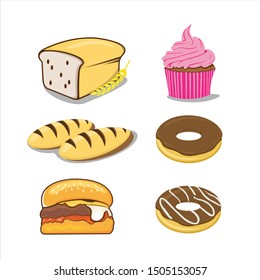 6 food design and vector design elements, donuts, bread, cake, burger designs, with white backgrounds and logo illustrations.