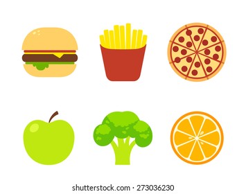 6 food icons: junk food (burger, french fries, pizza) and healthy food (apple, broccoli, orange) isolated on white background.