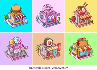 6 Food Shop Building Isometric Cartoon Vector Icon Illustration. Food Building Icon Concept Isolated Premium Vector. Flat Cartoon Style