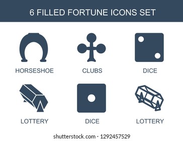 6 fortune icons. Trendy fortune icons white background. Included filled icons such as horseshoe, Clubs, Dice, lottery. fortune icon for web and mobile.