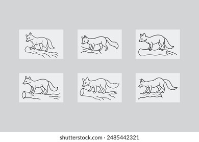 6 fox exploring a fallen tree trunk vector line art illustration