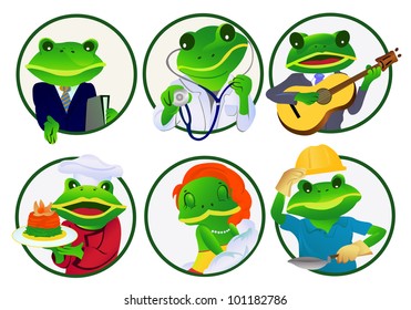 6 frogs of different professions, vector illustration