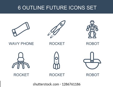 6 future icons. Trendy future icons white background. Included outline icons such as wavy phone, rocket, robot. future icon for web and mobile.