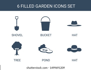 6 garden icons. Trendy garden icons white background. Included filled icons such as shovel, bucket, hat, tree, pond. garden icon for web and mobile.