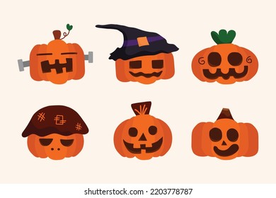 6 of ghost halloween pumpkin character. Vector by hand drawn.