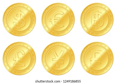 6 gold coins set. Dollar, Euro, Pound sterling, Yuan or Yen, Thailand Baht, Rouble, ruble. Editable and suitable for casino game. Gambling. EPS10