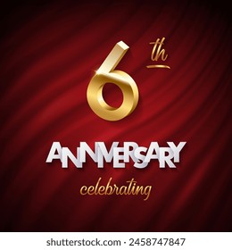 6 golden number, Anniversary white paper text and Celebrating word made of golden ribbons on red curtain background. Vector sixth anniversary celebration event square template.
