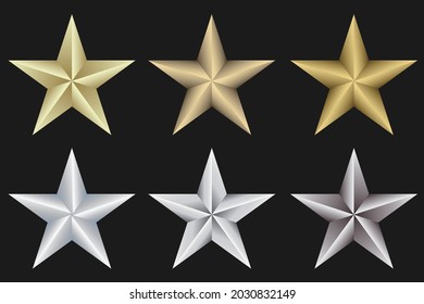 6 Golden, silver and metallic stars isolated on white background. Realistic vector icon. Christmas star