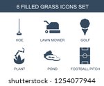 6 grass icons. Trendy grass icons white background. Included filled icons such as hoe, lawn mower, golf, plant, pond, football pitch. grass icon for web and mobile.