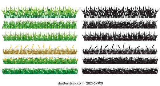 6 Green Grass And Silhouette, Isolated On White Background, Vector Illustration