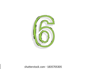6 green number, hand drawn brush stroke. Comic style design. For design element, logo, creative poster etc. Vector illustration 