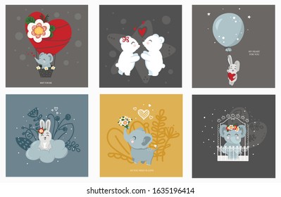 6 greeting cards valentine day with cute animals rabbit, elephant romantic