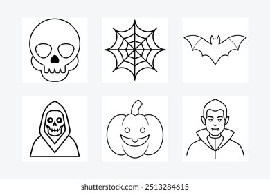 6 Halloween character designs in black and white - vector, clipart, and line art."