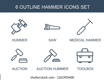 6 hammer icons. Trendy hammer icons white background. Included outline icons such as hummer, saw, medical hammer, auction, auction hummer, toolbox. hammer icon for web and mobile.