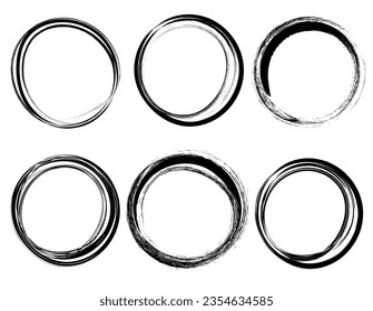 6 hand drawn circle brush strokes, calligraphy isolated on white background, vector illustration.