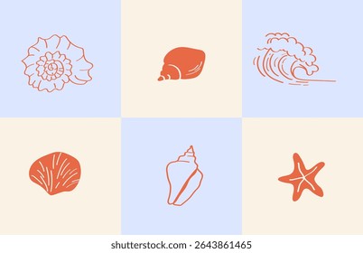 6 hand drawn doodle style seashell illustrations.