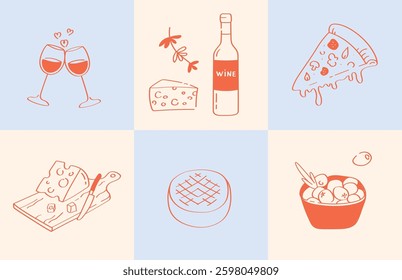 6 hand drawn illustrations about Mediterranean food and wine in doodle sketch style.