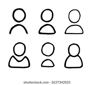6 Handdrawn Contact Icons for business cards, app icons, person head minimalist ink illustration variations.