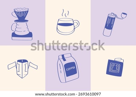 6 hand-drawn icons of espresso making tools, coffee mugs, beans, and drip filters for branding projects and creative illustrations.