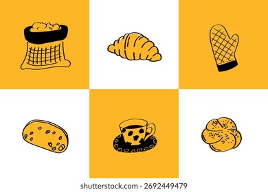 6 ilustraciones dibujadas a mano sobre horneado, cocina y café en estilo doodle.