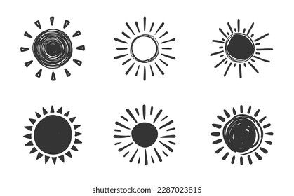 6 Handdrawn suns on white background, vector eps10 illustration